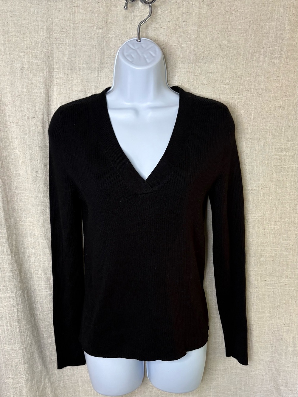 Maeve by Anthropologie Thea Black Ribbed V-Neck Sweater Sz Small